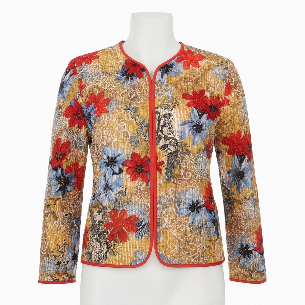 Alfred Dunner Petite Jacket 16P Red Floral Multicolor Quilted Zip Up Lightweight